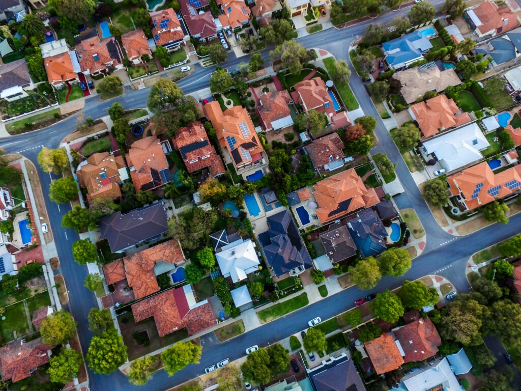 Aerial view of a neighborhood.